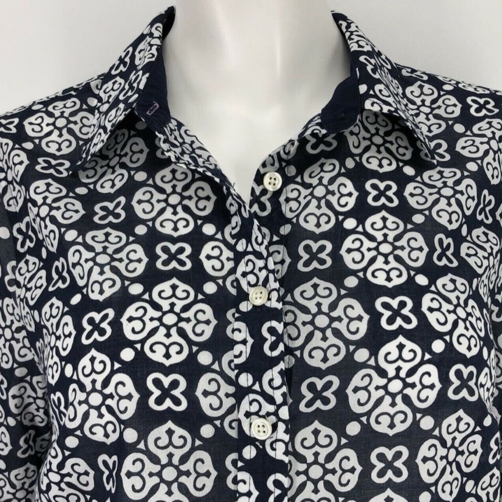 Talbots Womens Small Shirt Navy Blue White Medallion Print Button Down Cotton X - Picture 2 of 8